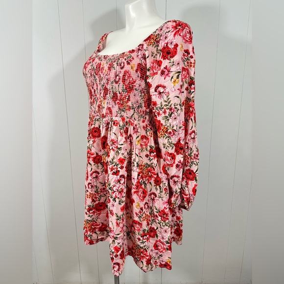 Old Navy 2X Floral Smocked Mini Dress Pink Red Boho Cottagecore Long Sleeve - Picture 3 of 12